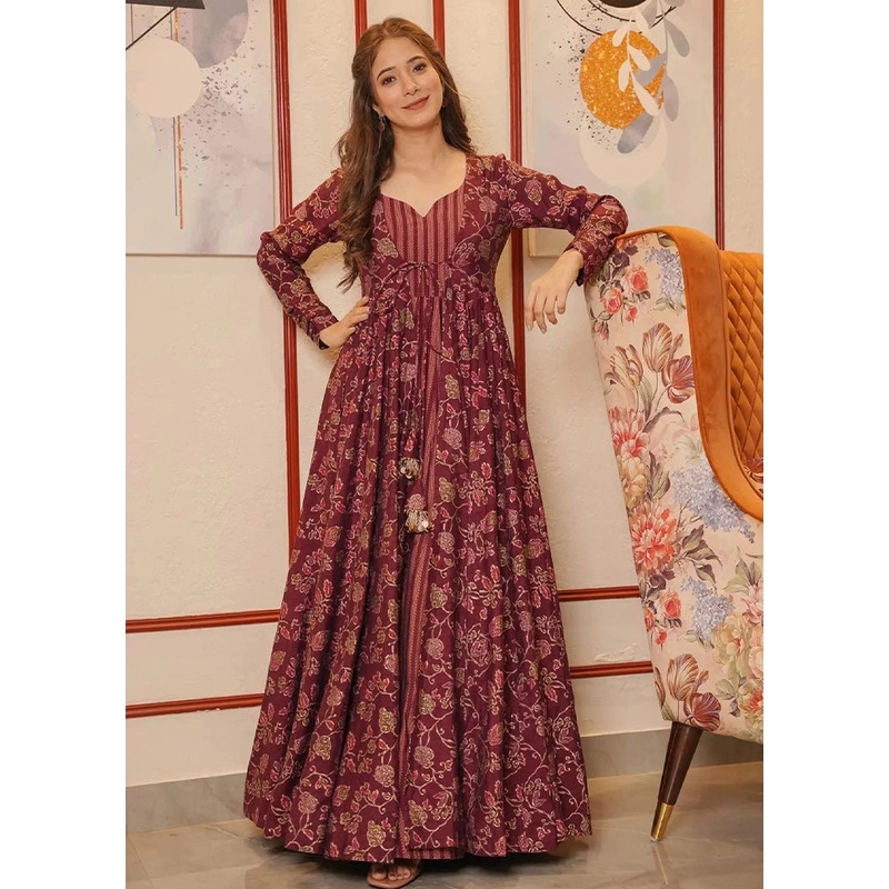 Maroon Readymade Silk Indian Dress - JD986584579