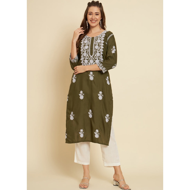 Mehendi Readymade Cotton Long Kurti - JD986584574