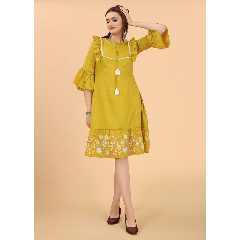 Mustard Readymade Viscose Dress - JD986584556