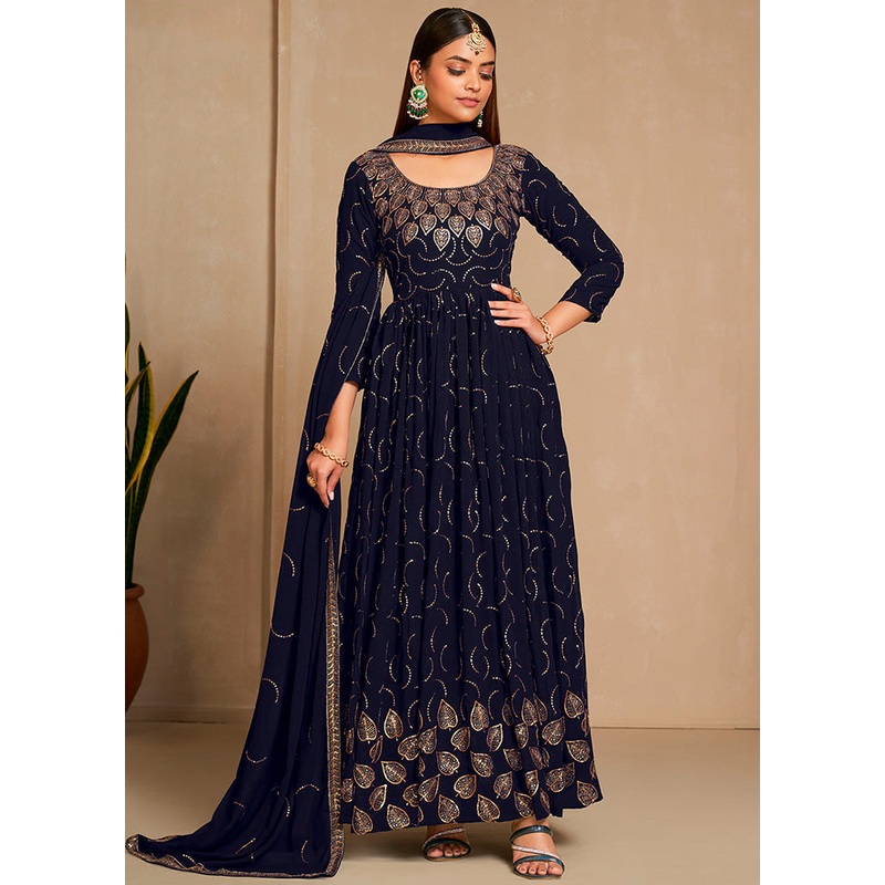 Navy Blue Georgette Indian Dress - JD986584555