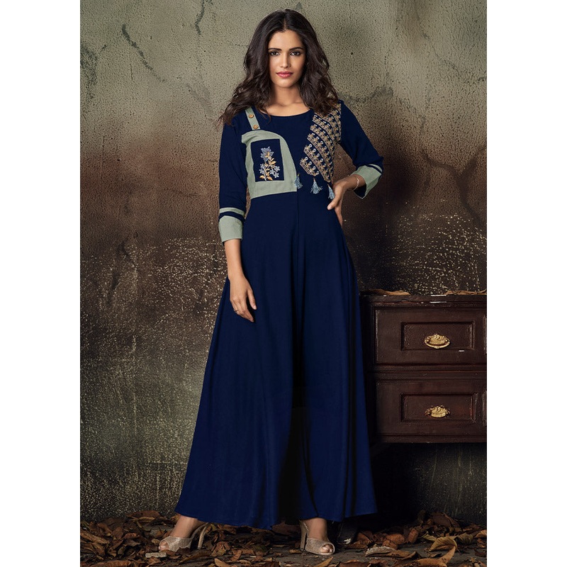 Navy Blue Readymade Rayon Gown - JD986584551