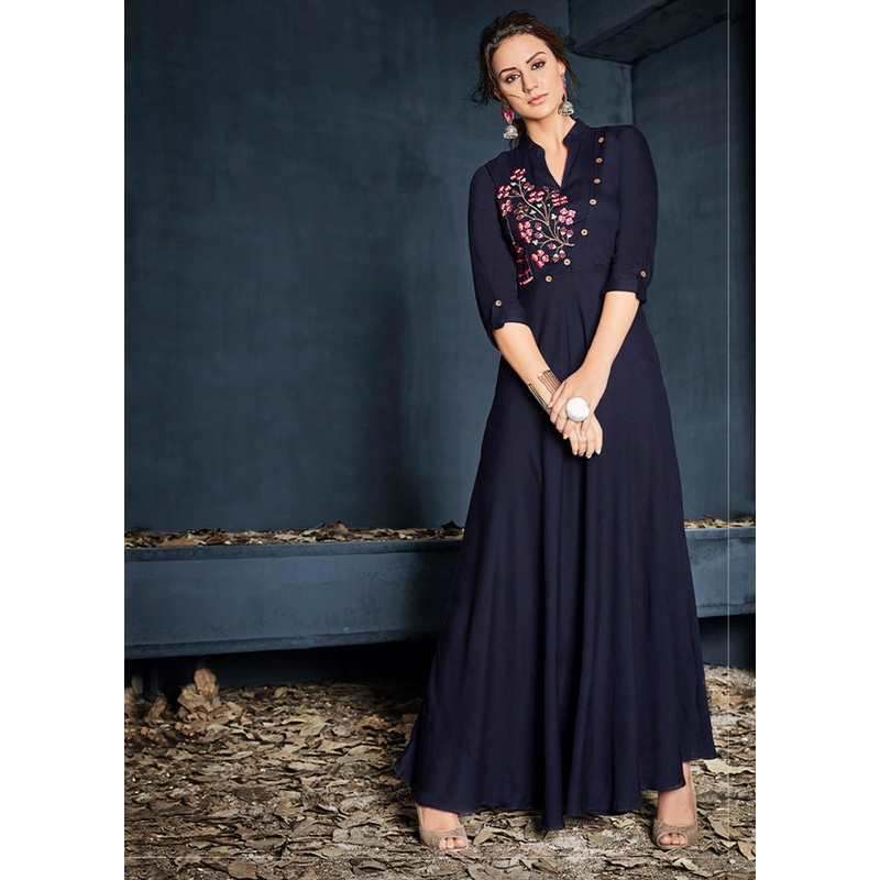 Navy Blue Readymade Rayon Gown - JD986584552