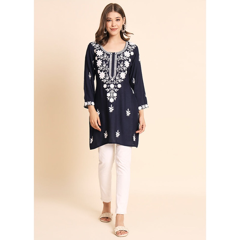 Navy Blue Readymade Rayon Kurti - JD986584550