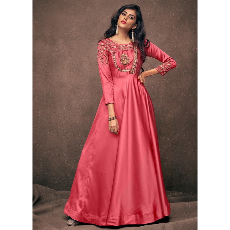 Old Rose Pink Readymade Silk Gown - JD986584535