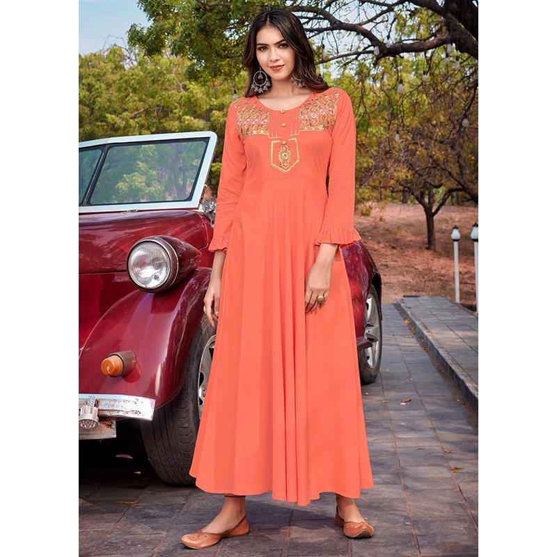 Peach Readymade Rayon Long Kurti - JD986584520