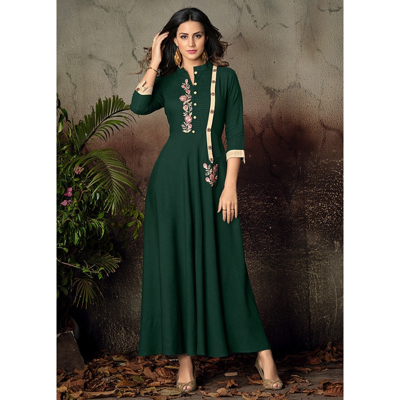 Pine Green Readymade Rayon Gown - JD986584517