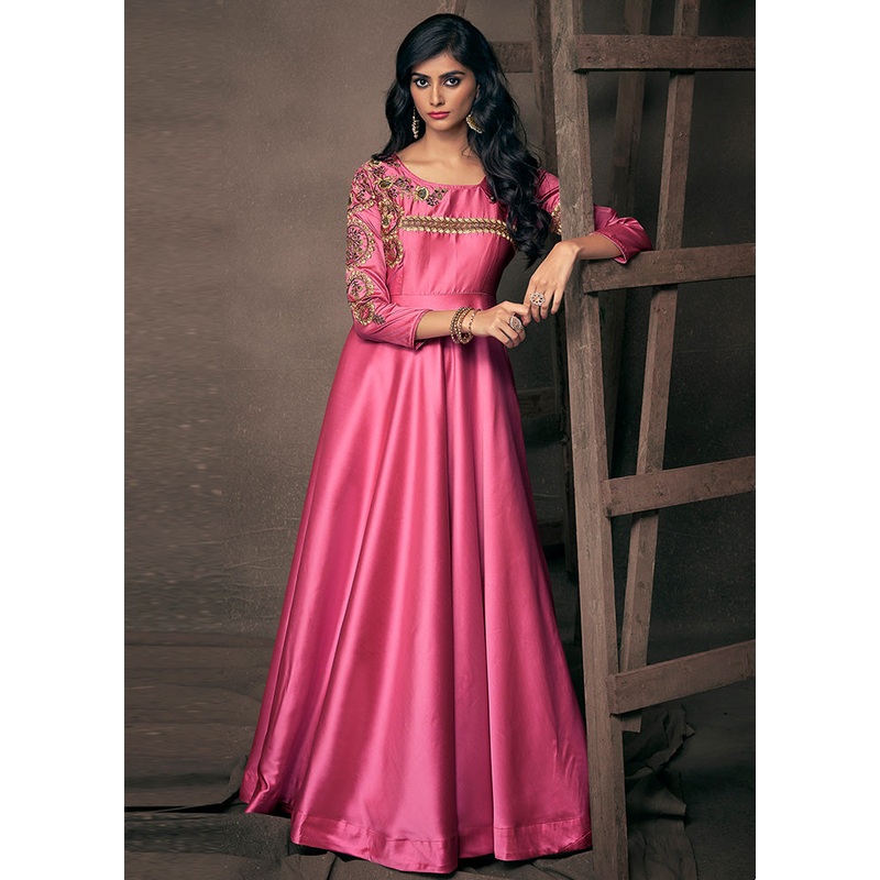Pink Readymade Silk Gown - JD986584482