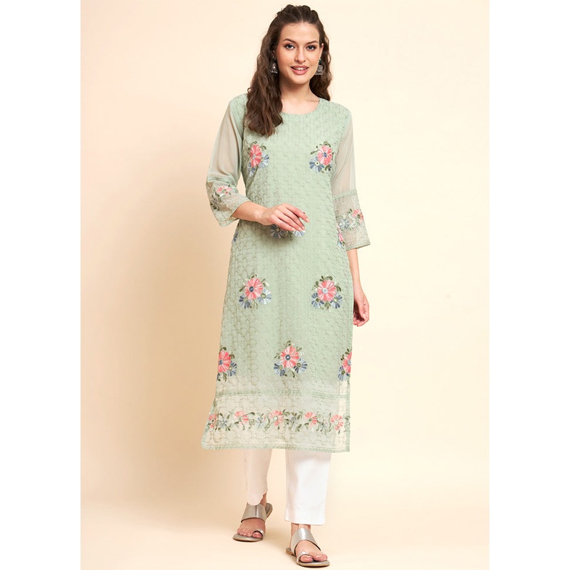 Pista Green Readymade Georgette Kurti - JD986584462