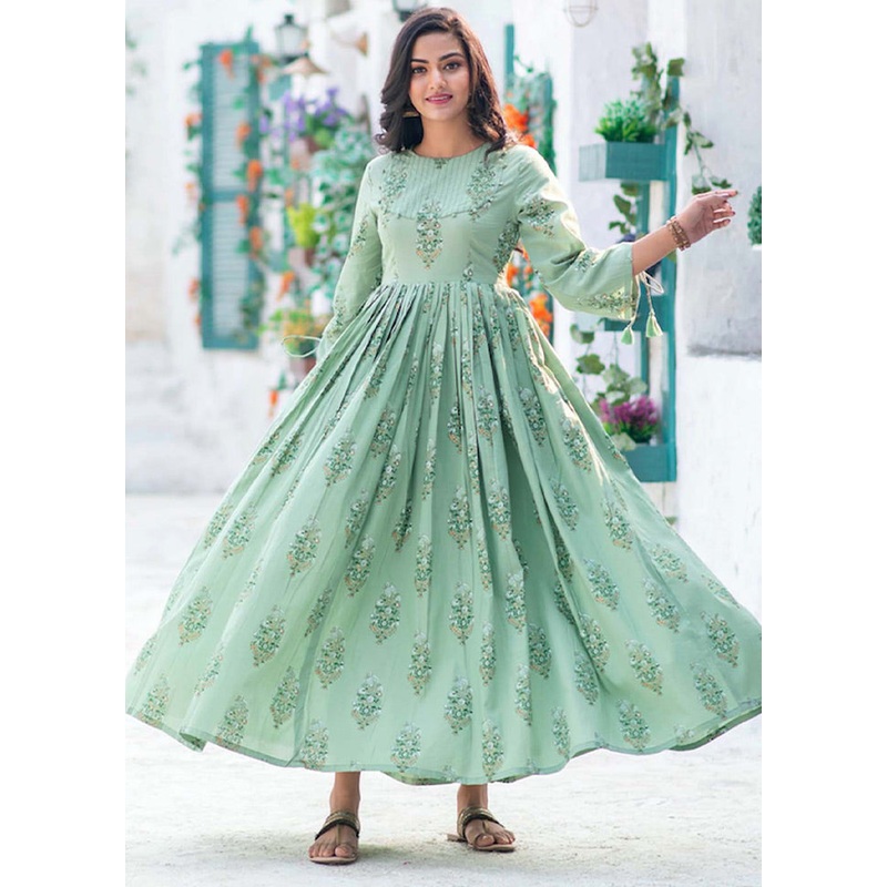 Pista Green Readymade Silk Long Kurti - JD986584455