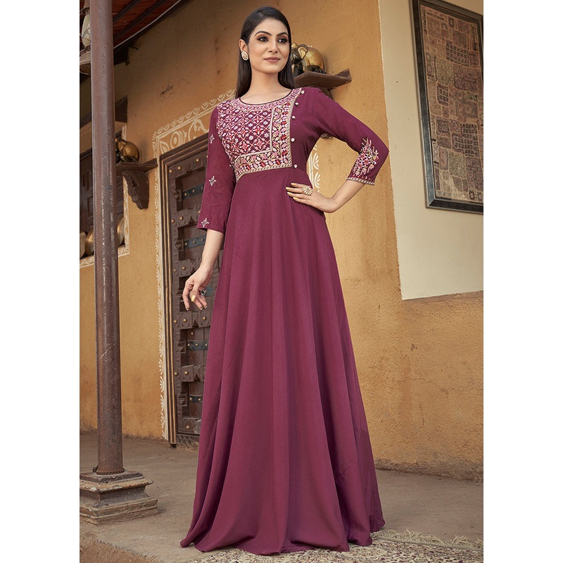 Purple Readymade Silk Gown - JD986584447