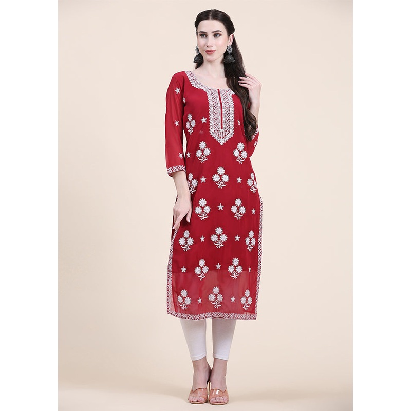 Red Readymade Cotton Long Kurti - JD986584435