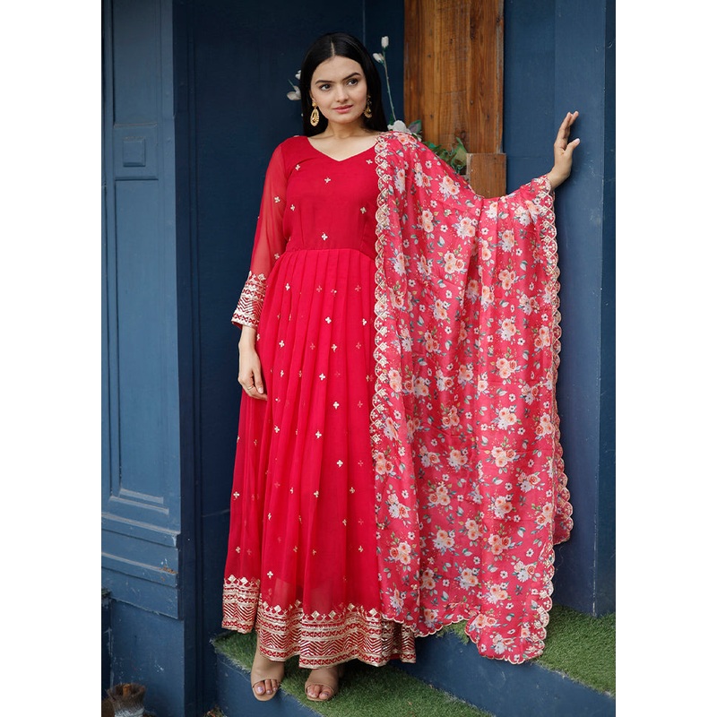 Red Readymade Georgette Indian Dress - JD986584434