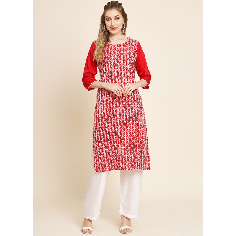 Red Readymade Georgette Long Kurti - JD986584433