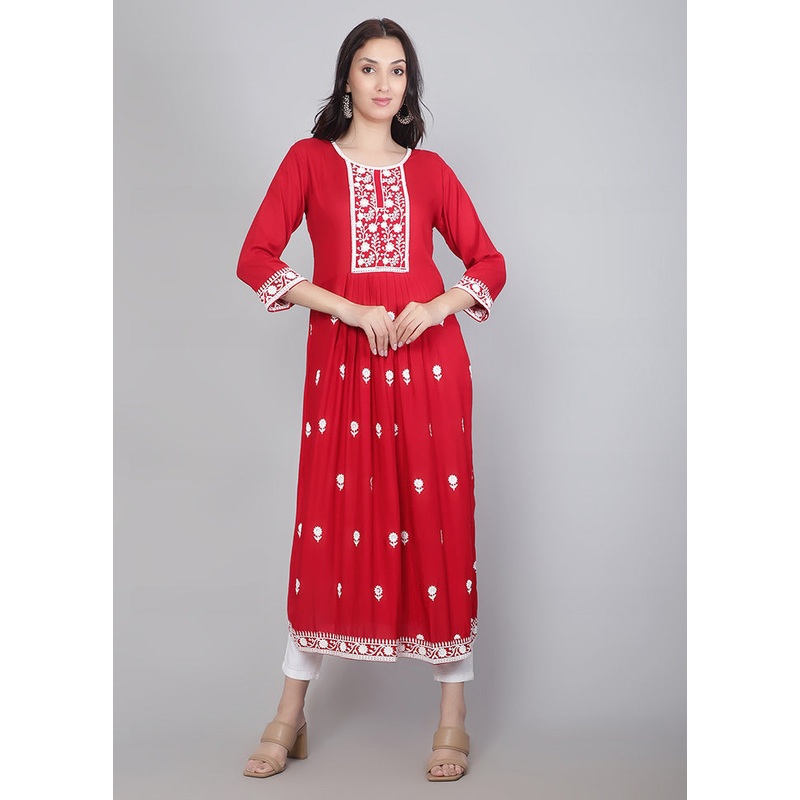Red Readymade Rayon Kurti - JD986584428
