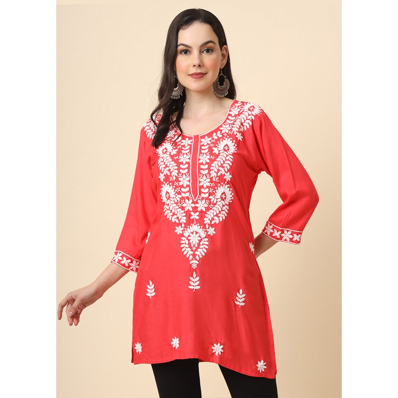 Red Readymade Rayon Kurti - JD986584429
