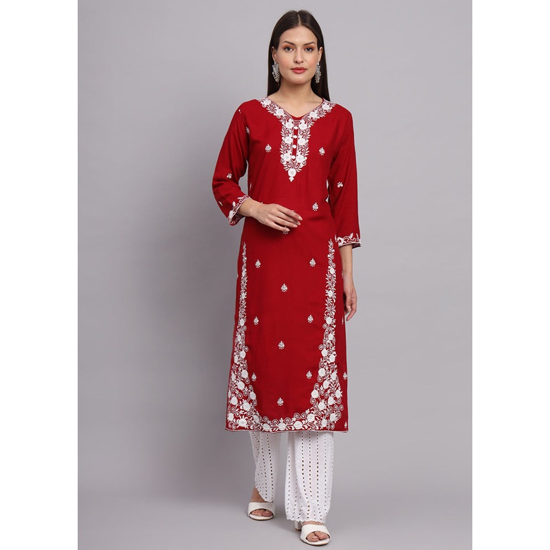 Red Readymade Rayon Kurti - JD986584430