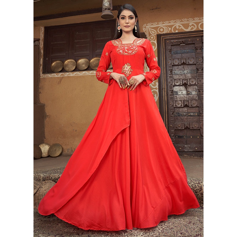 Red Readymade Silk Gown - JD986584425