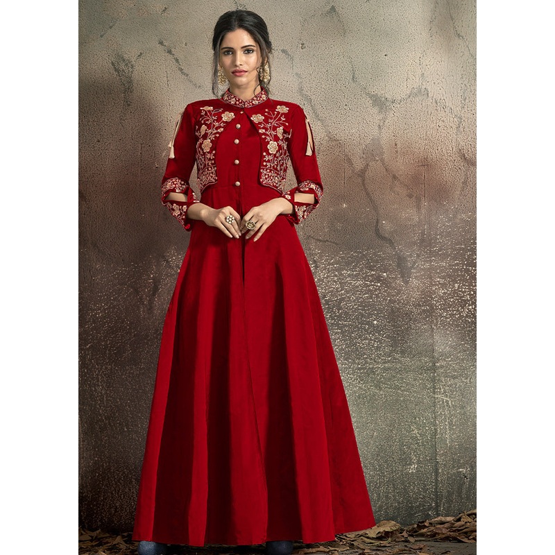 Red Readymade Silk Gown - JD986584427