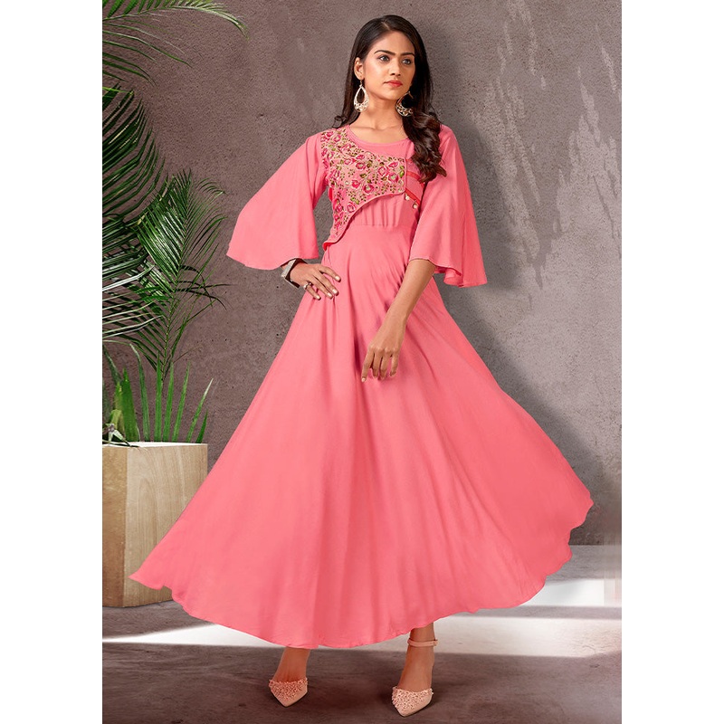 Salmon Pink Readymade Rayon Gown - JD986584421