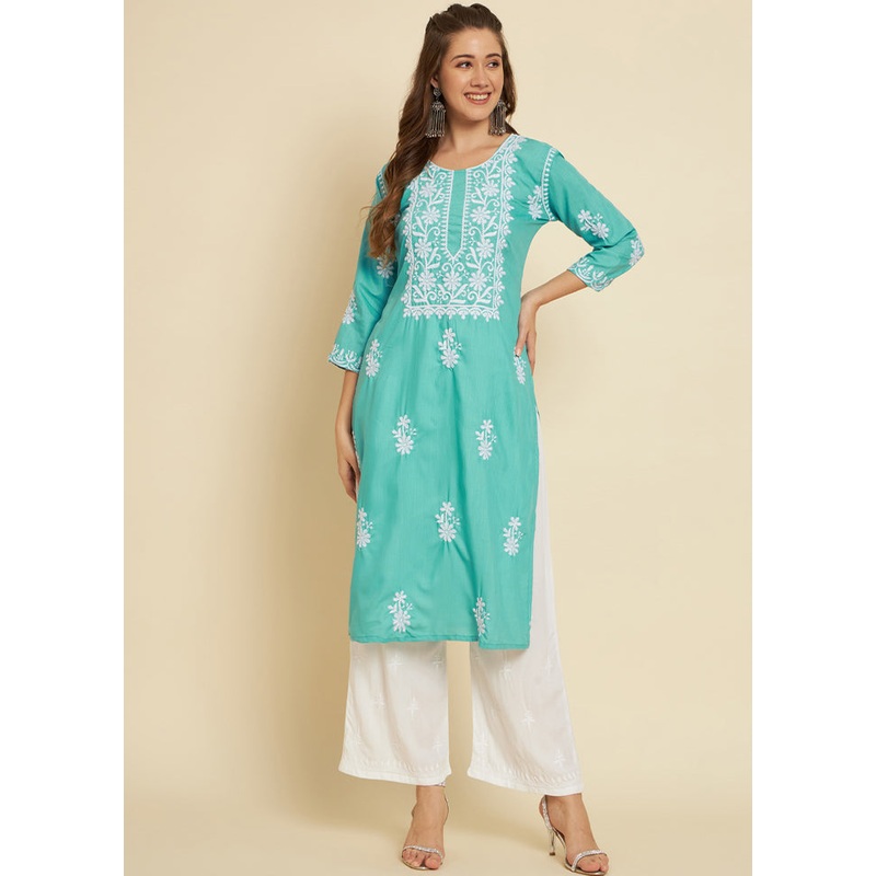 Sea Green Readymade Cotton Long Kurti - JD986584419