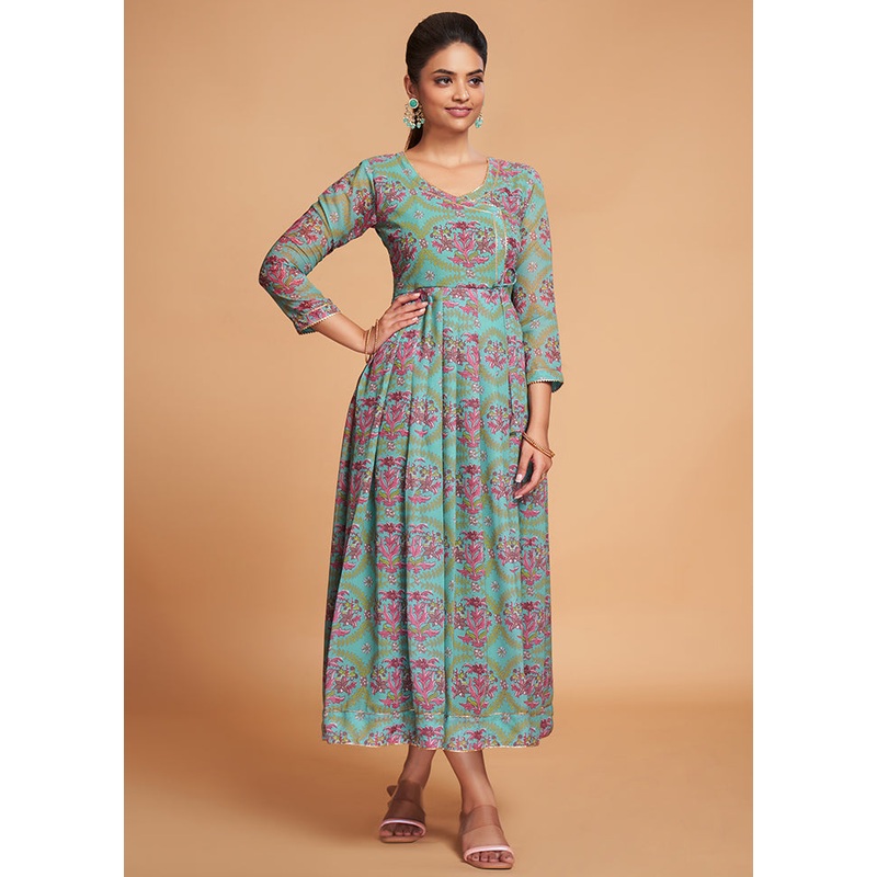 Sea Green Readymade Georgette Indian Dress - JD986584418