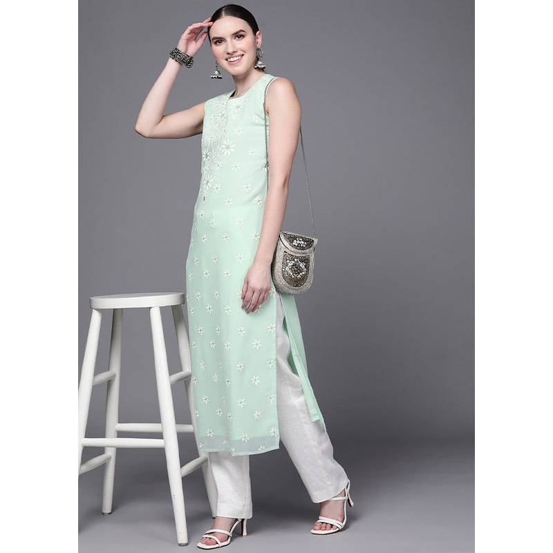 Sea Green Readymade Georgette Kurti - JD986584414