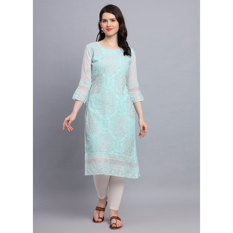 Sea Green Readymade Georgette Kurti - JD986584415