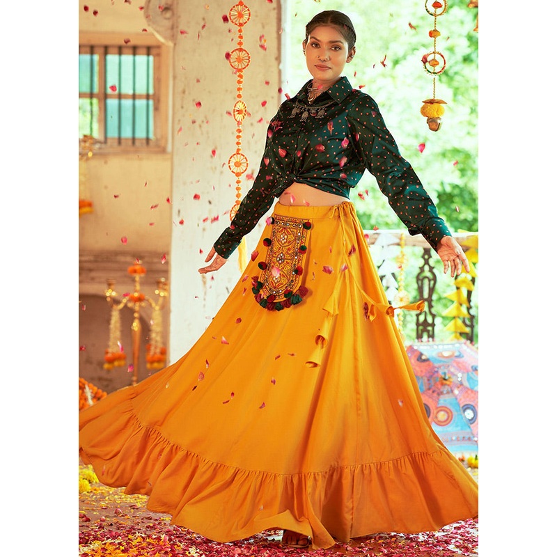 2 Pc Green Readymade Silk Lehenga Set - JD986584228