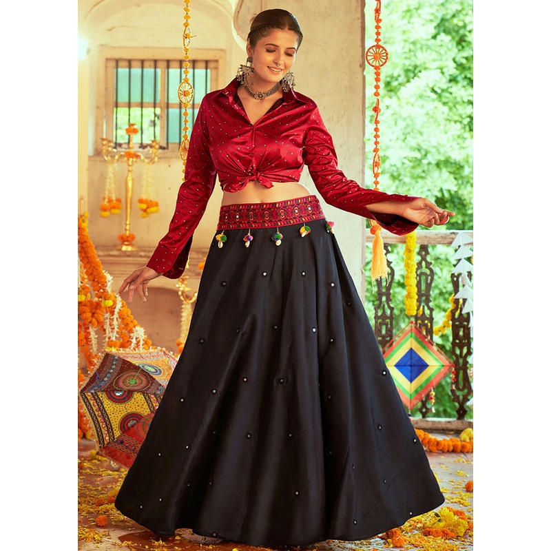 2 Pc Maroon Readymade Silk Lehenga Set - JD986584227