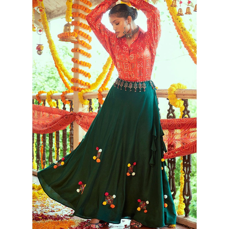 2 Pc Red Readymade Silk Lehenga Set - JD986584225
