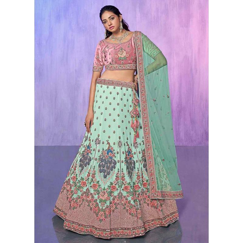 3 Pc Aqua Georgette Semi Stitched Lehenga Set - JD986584199