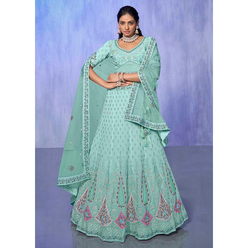 3 Pc Aqua Georgette Semi Stitched Lehenga Set - JD986584200