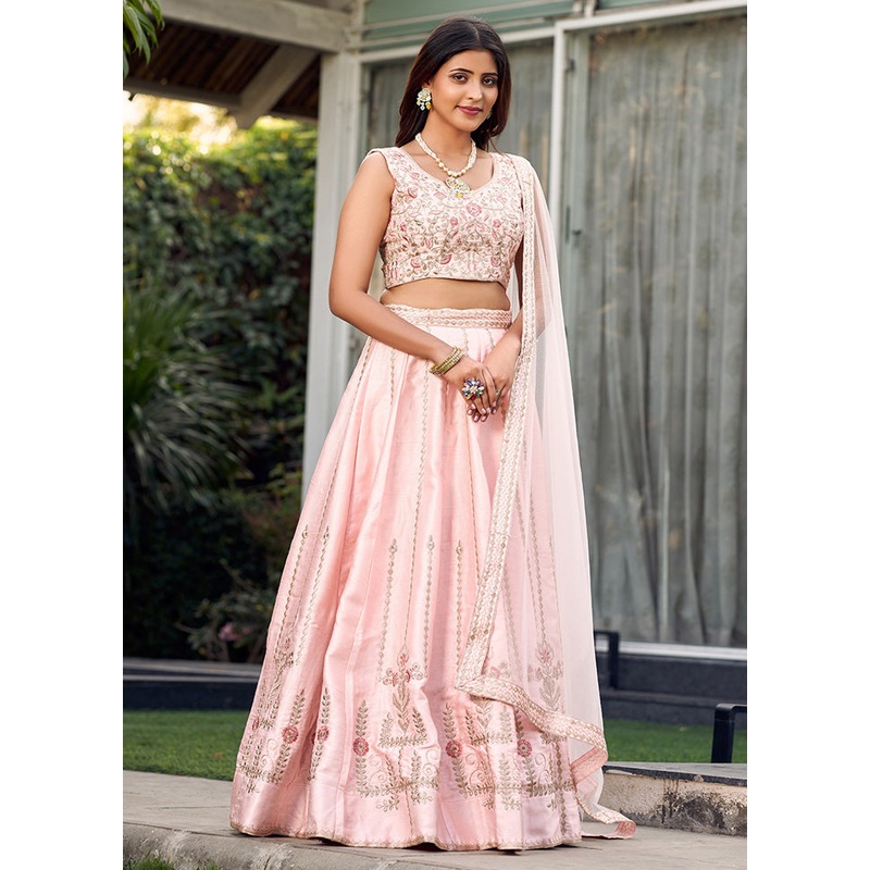 3 Pc Baby Pink Silk Readymade Lehenga Set - JD986584224