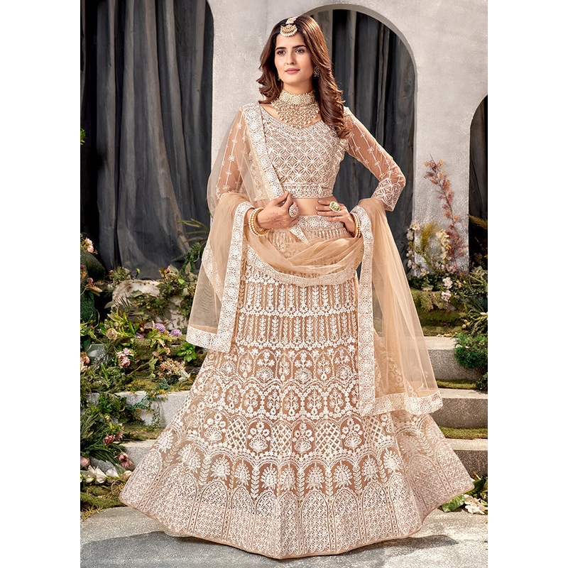 3 Pc Beige Net Semi Stitched Lehenga Set - JD986584197