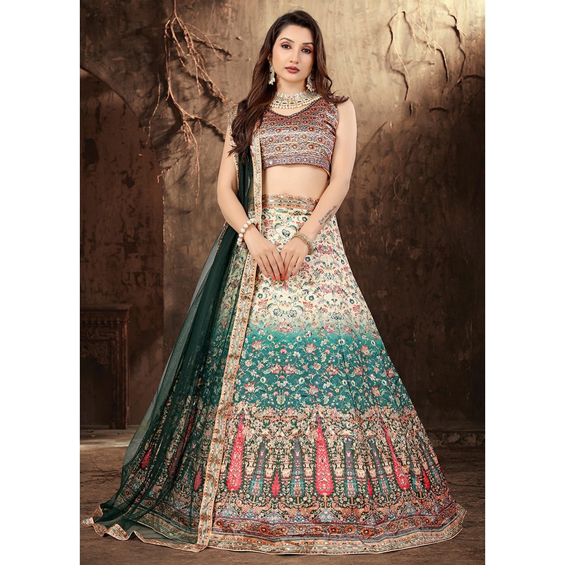 3 Pc Beige Silk Semi Stitched Lehenga Set - JD986584196