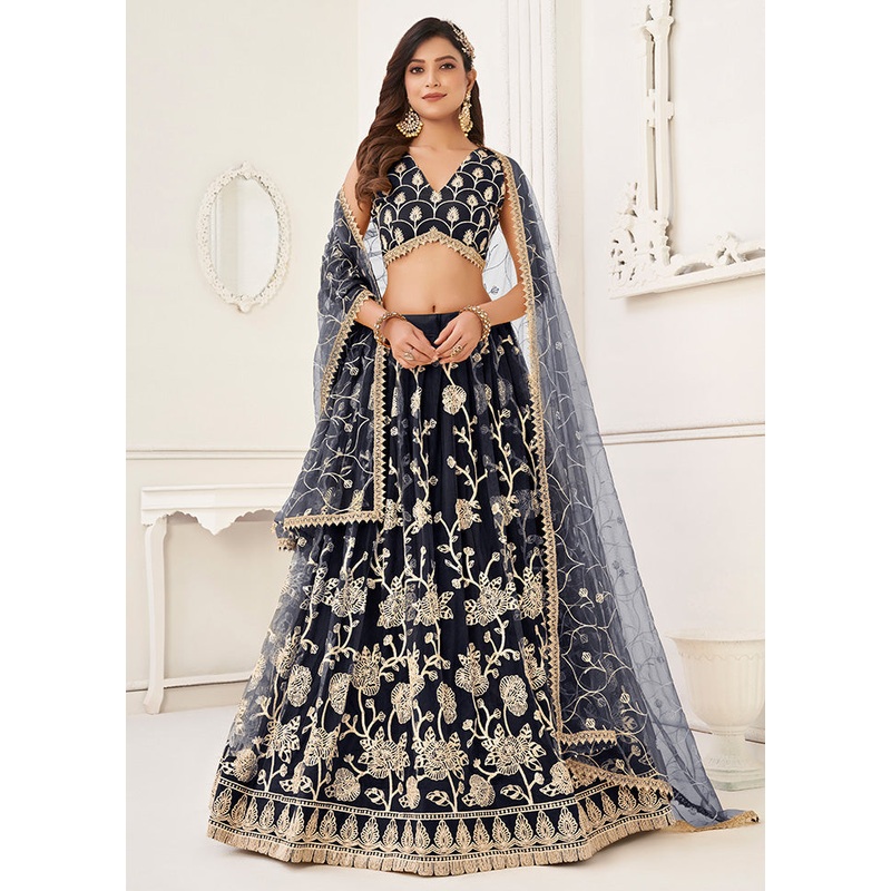 3 Pc Black Net Semi Stitched Lehenga Set - JD986584195