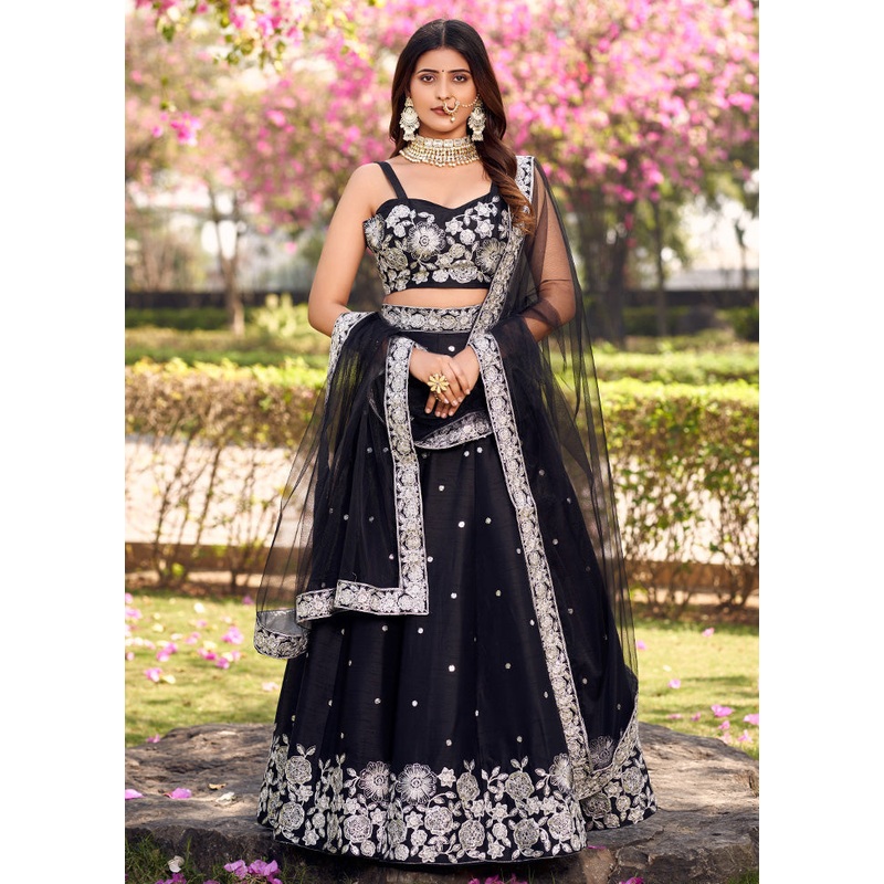 3 Pc Black Silk Readymade Lehenga Set - JD986584223