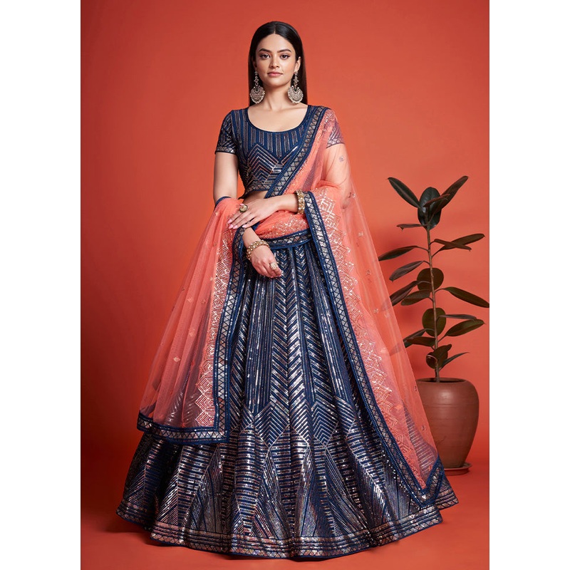3 Pc Blue Georgette Semi Stitched Lehenga Set - JD986584194