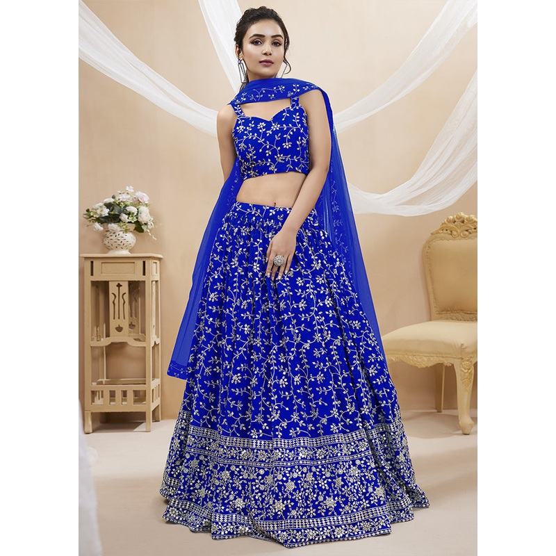 3 Pc Blue Georgette Semi Stitched Lehenga Set - JD986584222