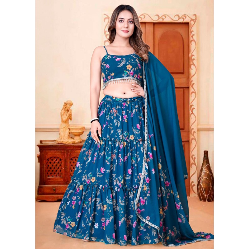 3 Pc Blue Net Semi Stitched Lehenga Set - JD986584193