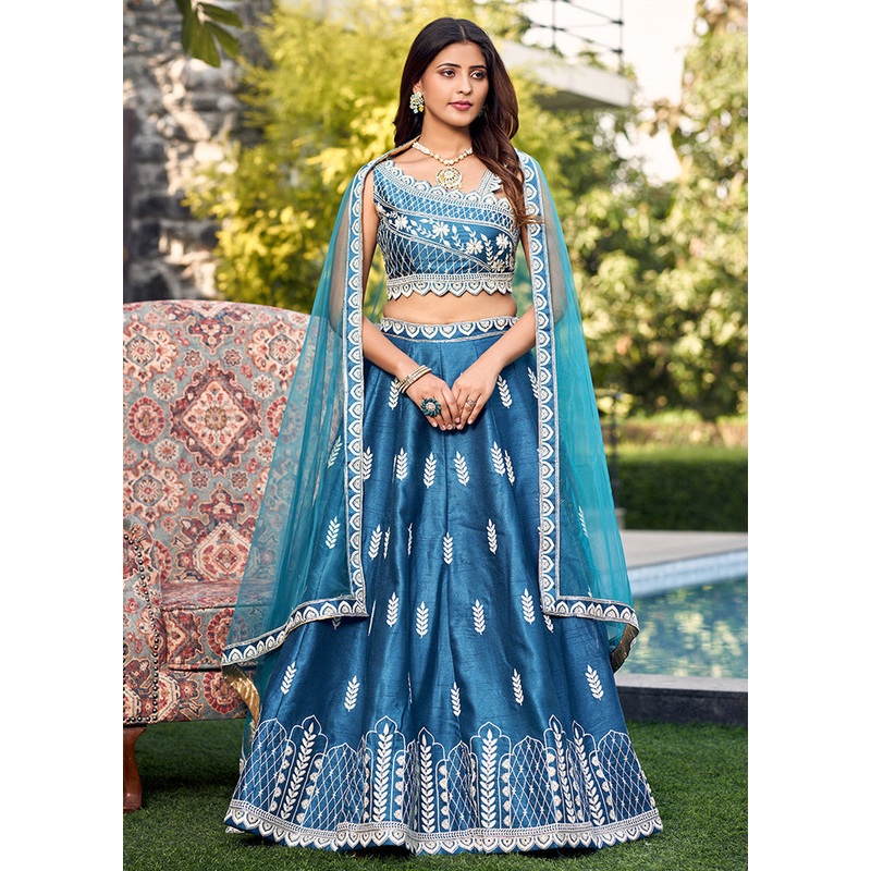 3 Pc Blue Silk Readymade Lehenga Set - JD986584220