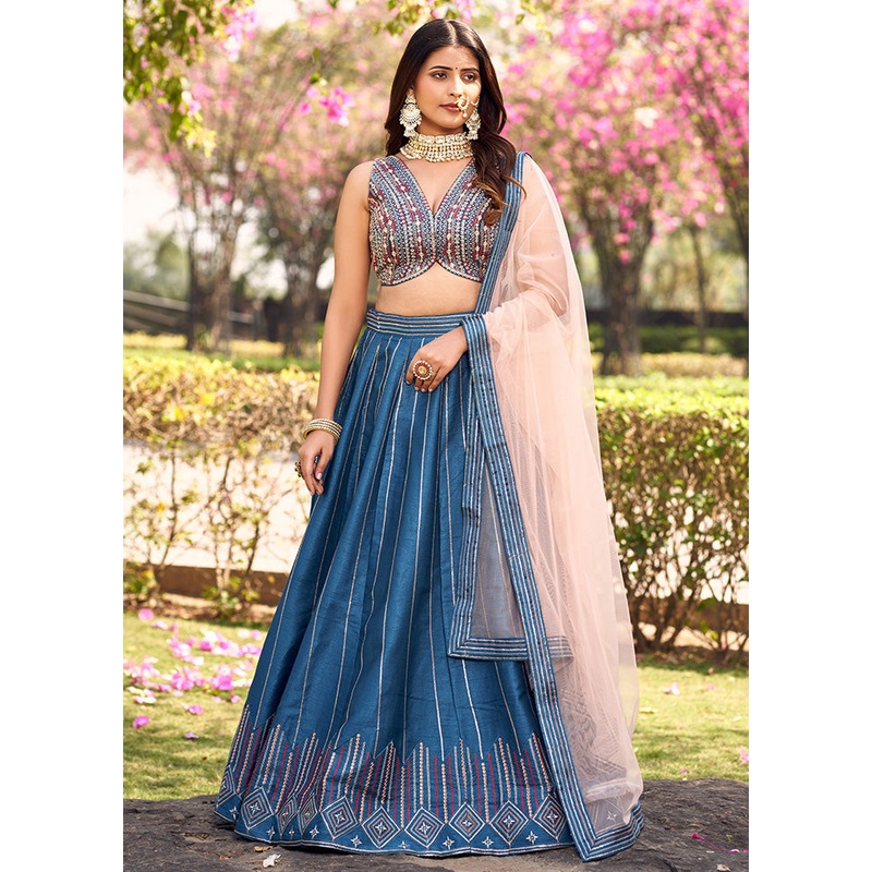 3 Pc Blue Silk Readymade Lehenga Set - JD986584221