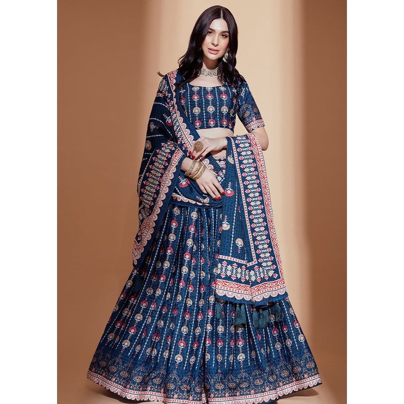 3 Pc Blue Silk Semi Stitched Lehenga Set - JD986584191