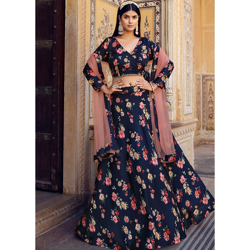 3 Pc Blue Silk Semi Stitched Lehenga Set - JD986584192