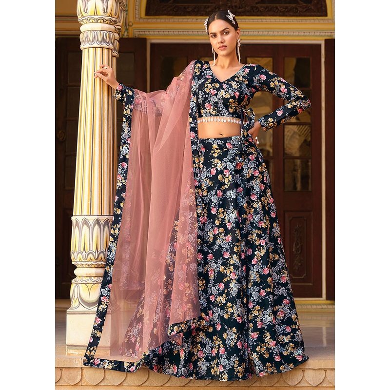 3 Pc Blue Silk Semi Stitched Lehenga Set - JD986584219