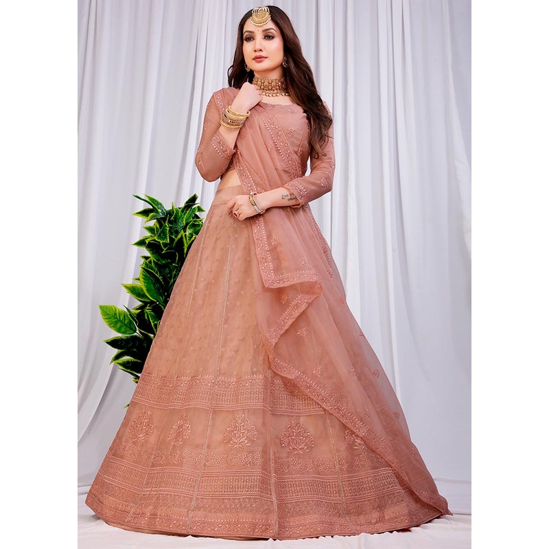 3 Pc Brown Net Semi Stitched Lehenga Set - JD986584188