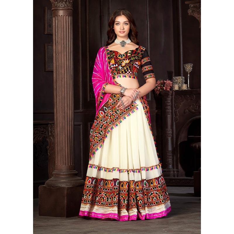 3 Pc Cream Georgette Semi Stitched Lehenga Set - JD986584186