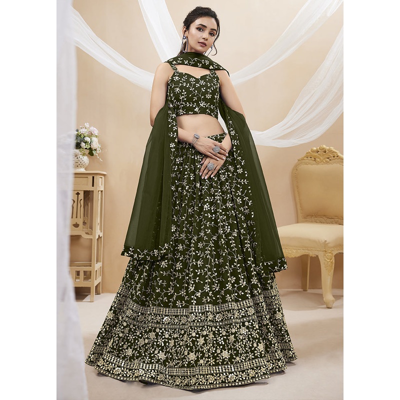 3 Pc Green Georgette Semi Stitched Lehenga Set - JD986584218