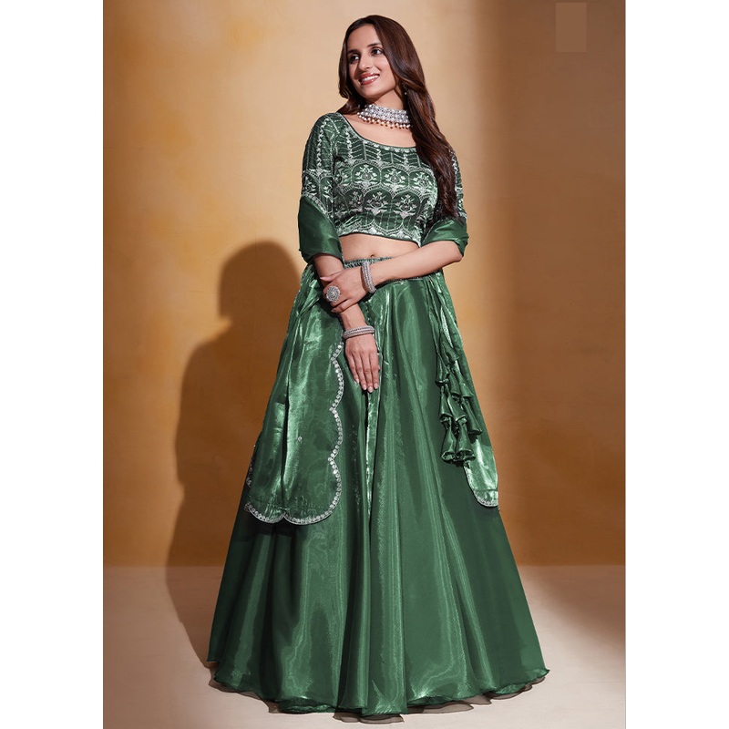 3 Pc Green Net Semi Stitched Lehenga Set - JD986584217