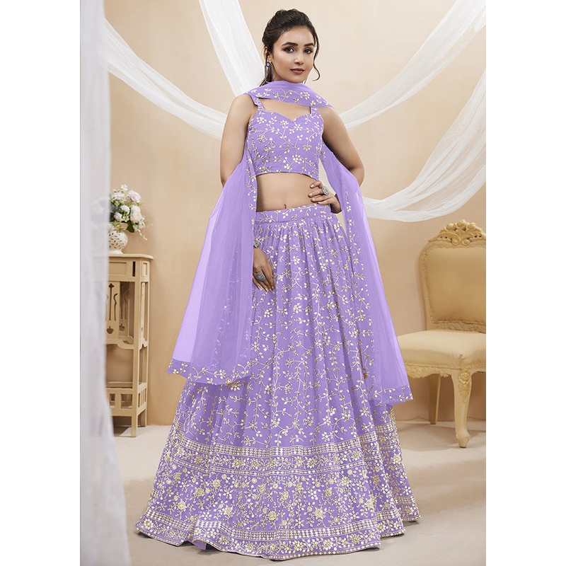 3 Pc Lavender Georgette Semi Stitched Lehenga Set - JD986584215